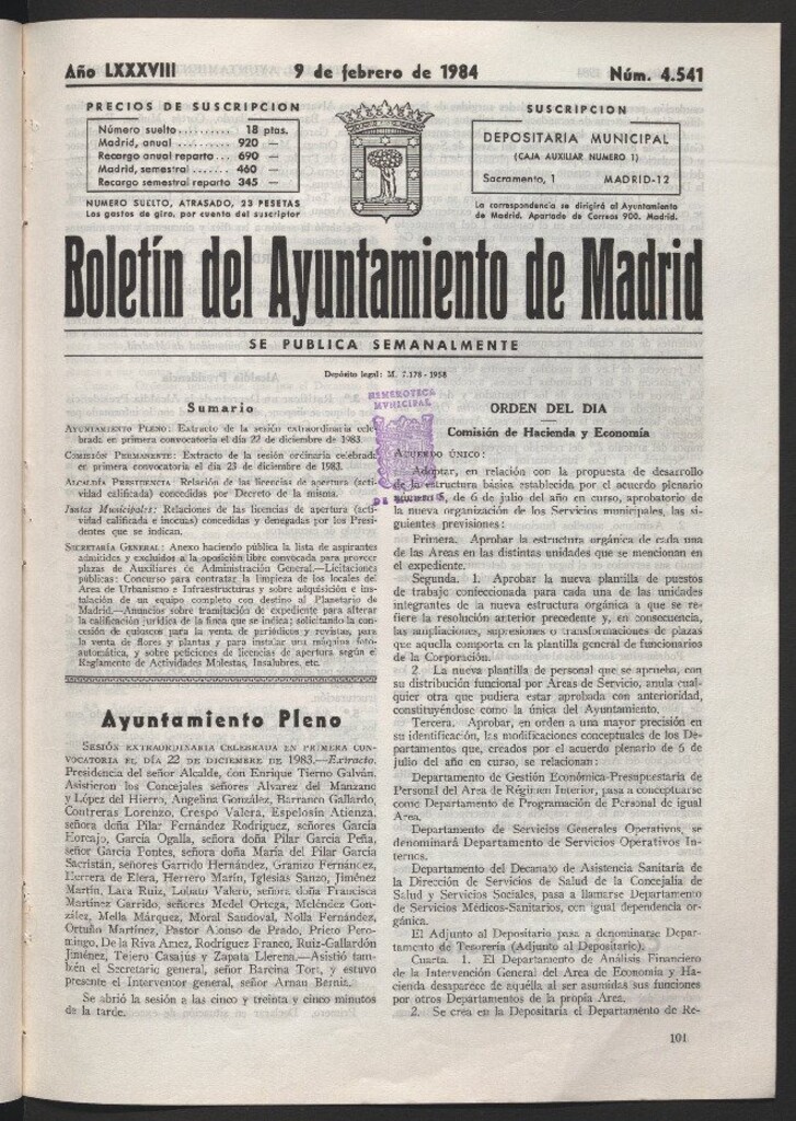 Miniatura de Boletín del Ayuntamiento de Madrid del 9 de febrero de 1984