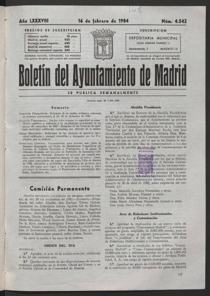 Miniatura de Boletín del Ayuntamiento de Madrid del 16 de febrero de 1984