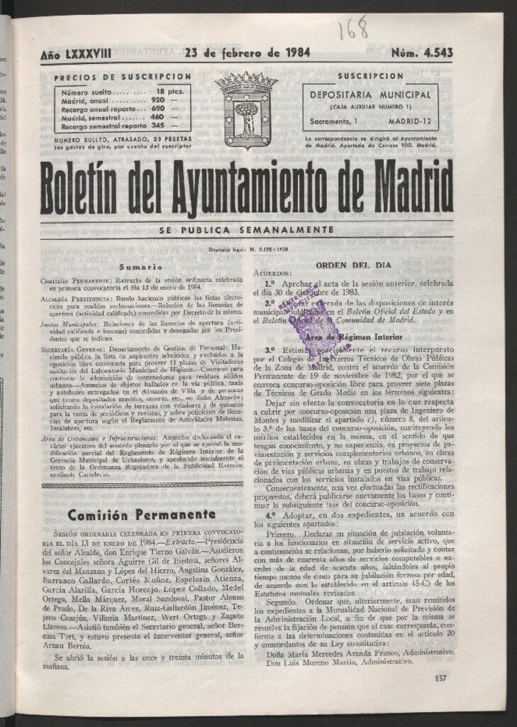 Miniatura de Boletín del Ayuntamiento de Madrid del 23 de febrero de 1984