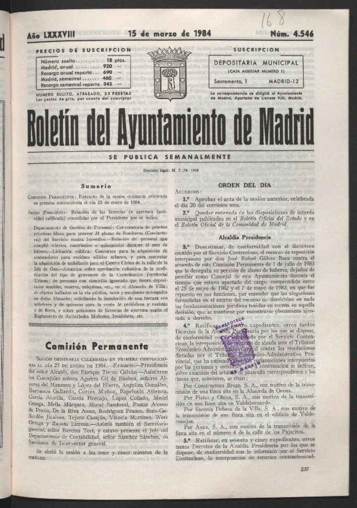 Miniatura de Boletín del Ayuntamiento de Madrid del 15 de marzo de 1984
