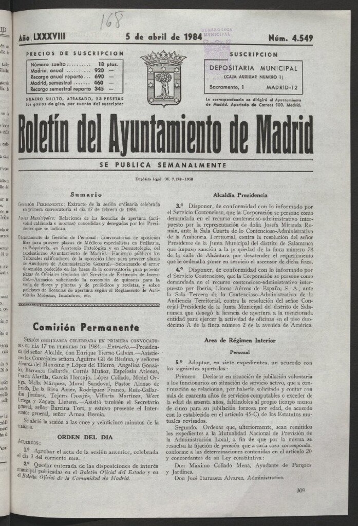 Miniatura de Boletín del Ayuntamiento de Madrid del 5 de abril de 1984
