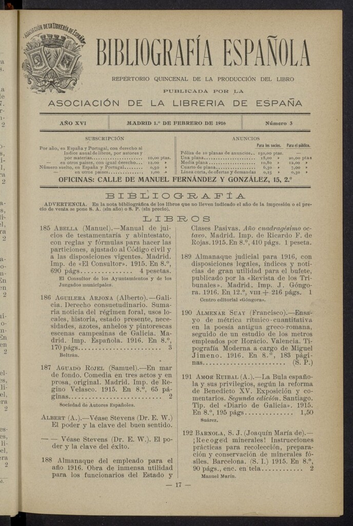 Miniatura de Bibliografía Española del 1 de febrero de 1916