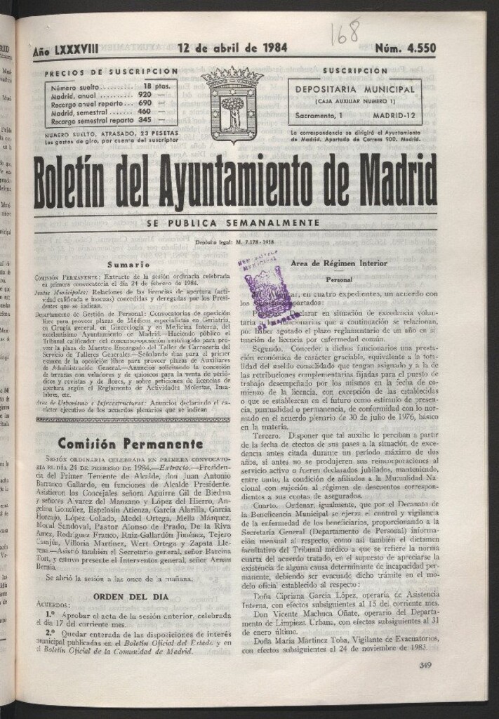 Miniatura de Boletín del Ayuntamiento de Madrid del 12 de abril de 1984