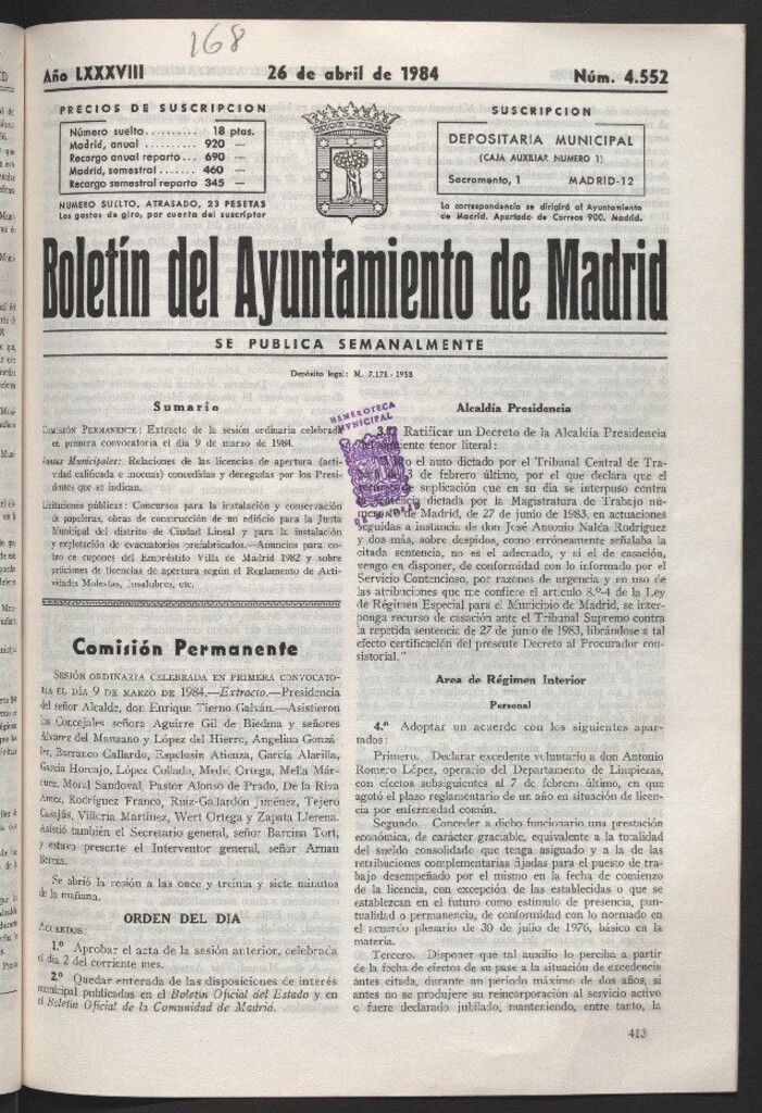 Miniatura de Boletín del Ayuntamiento de Madrid del 26 de abril de 1984