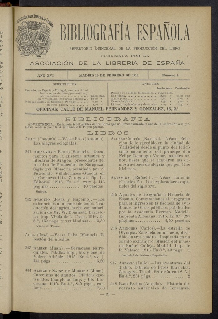 Miniatura de Bibliografía Española del 16 de febrero de 1916