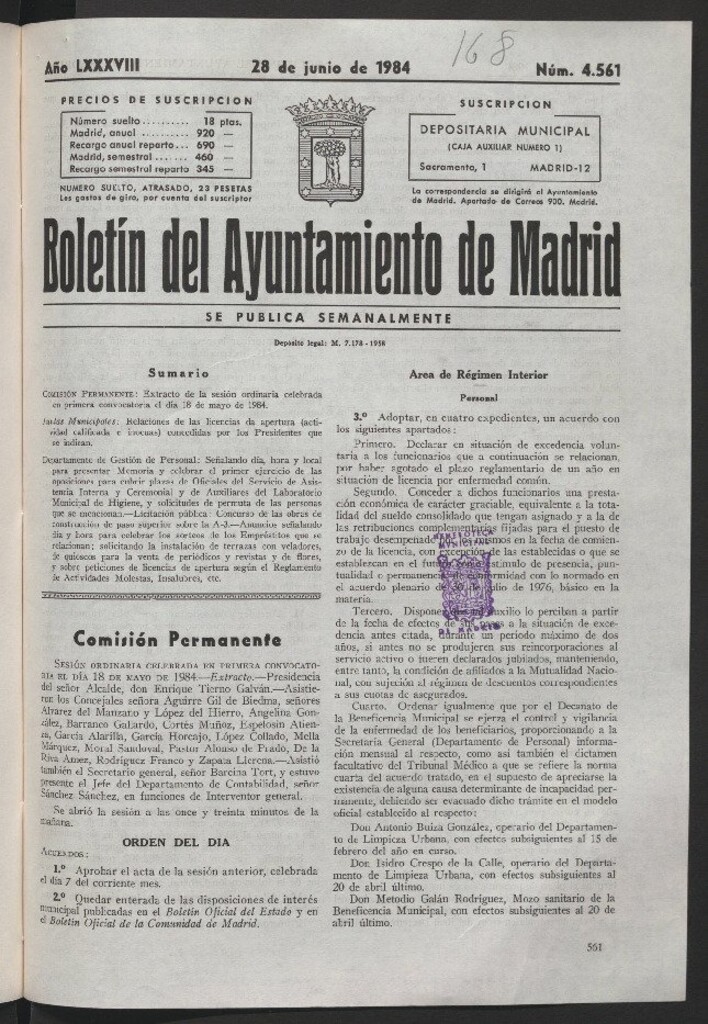 Miniatura de Boletín del Ayuntamiento de Madrid del 28 de junio de 1984