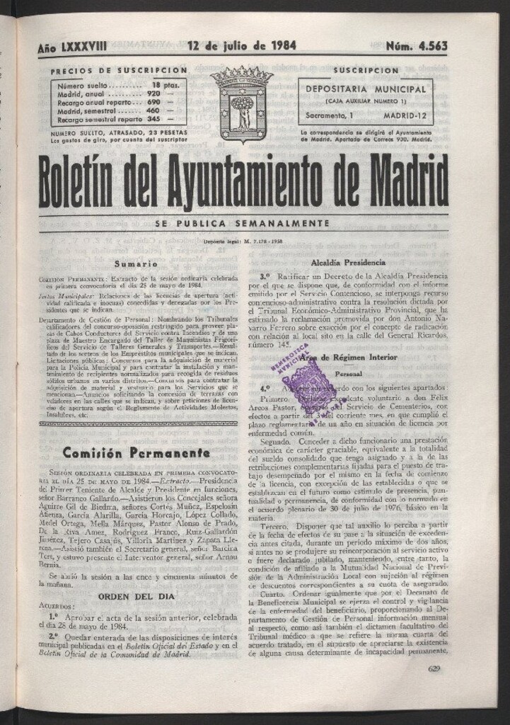 Miniatura de Boletín del Ayuntamiento de Madrid del 12 de julio de 1984