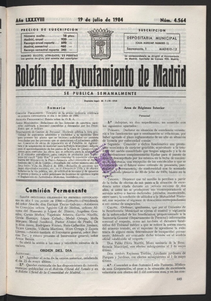 Miniatura de Boletín del Ayuntamiento de Madrid del 19 de julio de 1984
