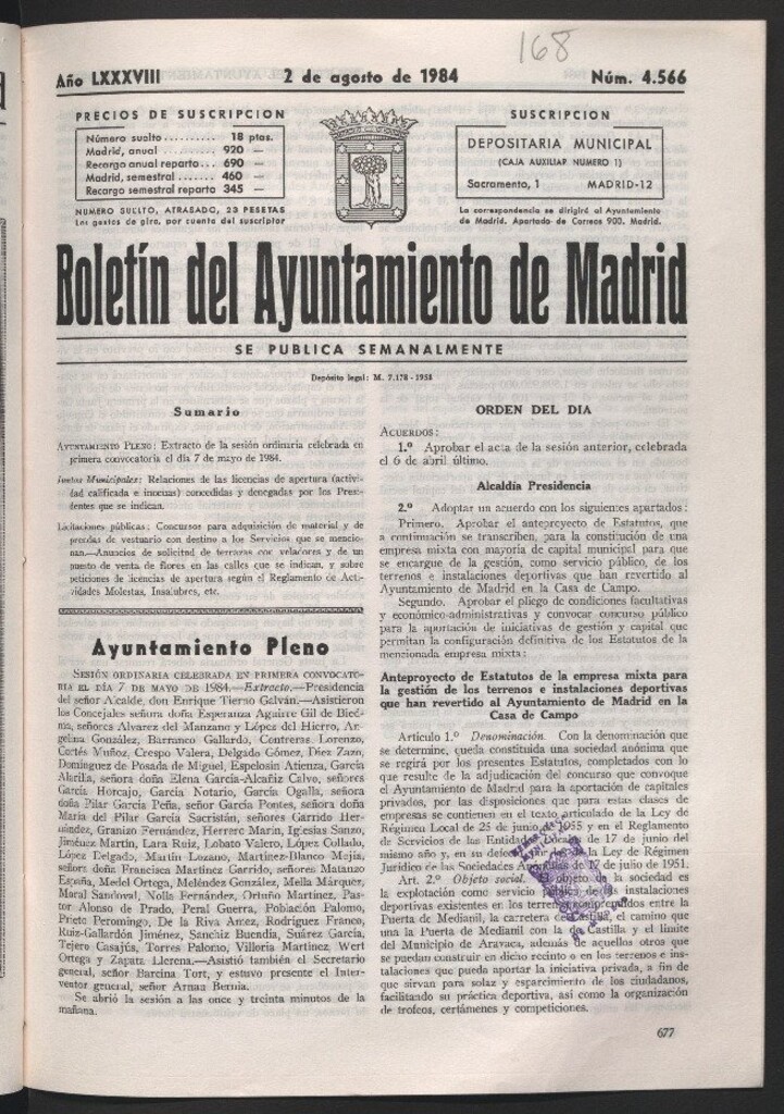 Miniatura de Boletín del Ayuntamiento de Madrid del 2 de agosto de 1984