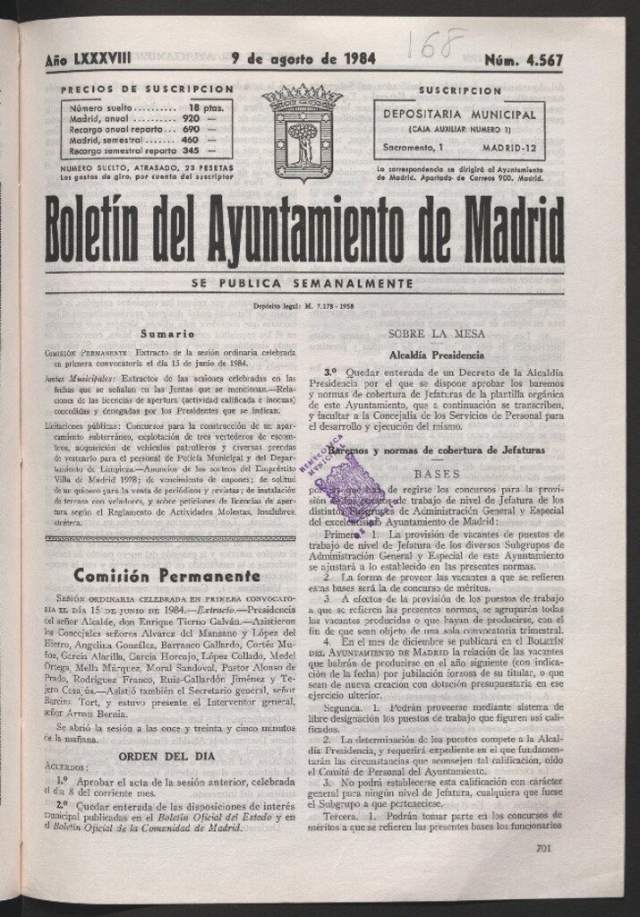 Miniatura de Boletín del Ayuntamiento de Madrid del 9 de agosto de 1984