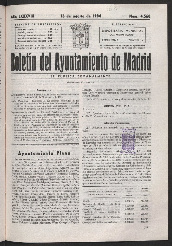 Miniatura de Boletín del Ayuntamiento de Madrid del 16 de agosto de 1984