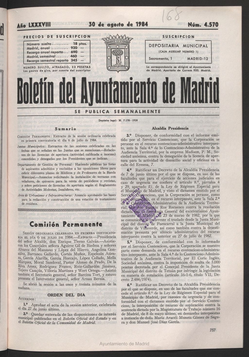 Miniatura de Boletín del Ayuntamiento de Madrid del 30 de agosto de 1984