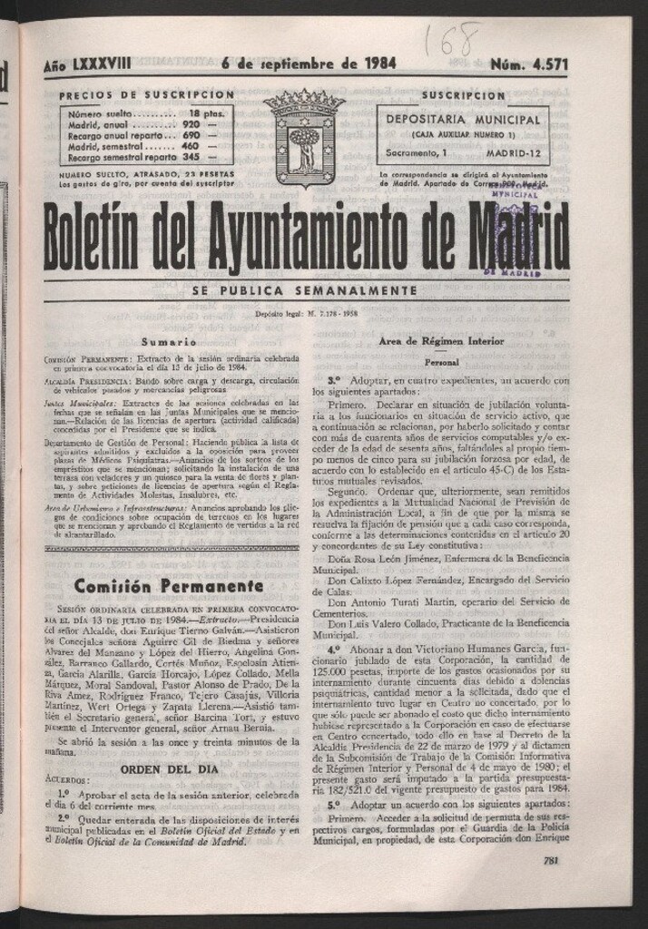 Miniatura de Boletín del Ayuntamiento de Madrid del 6 de septiembre de 1984