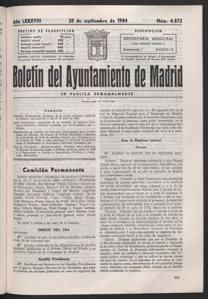 Miniatura de Boletín del Ayuntamiento de Madrid del 20 de septiembre de 1984
