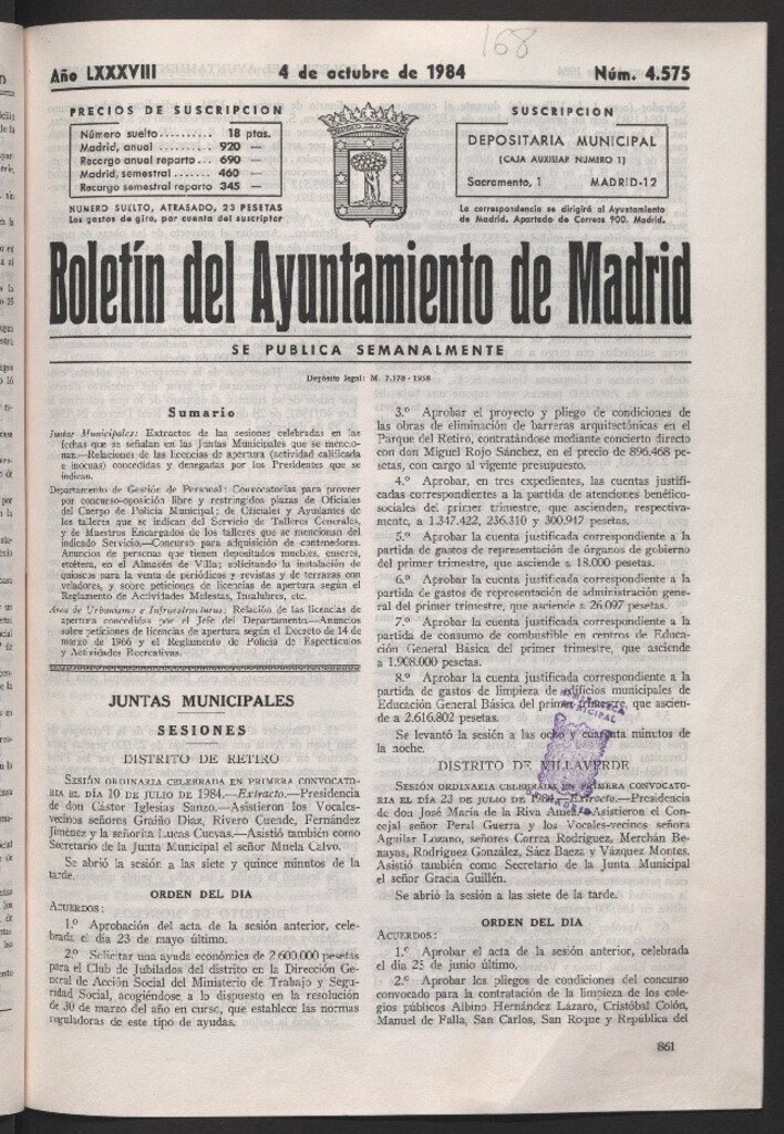 Miniatura de Boletín del Ayuntamiento de Madrid del 4 de octubre de 1984