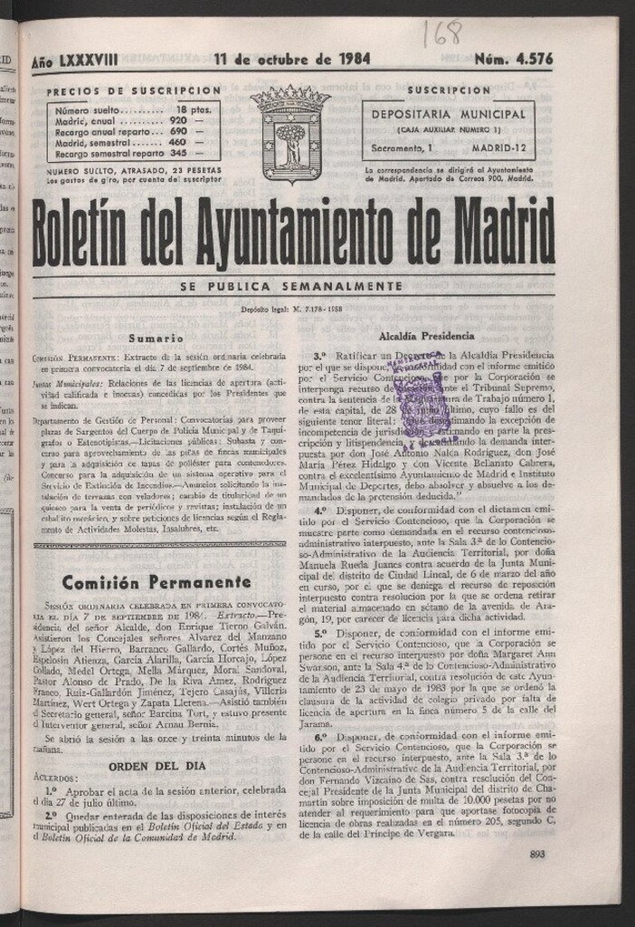 Miniatura de Boletín del Ayuntamiento de Madrid del 11 de octubre de 1984