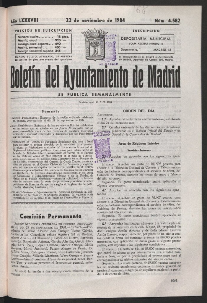 Miniatura de Boletín del Ayuntamiento de Madrid del 22 de noviembre de 1984