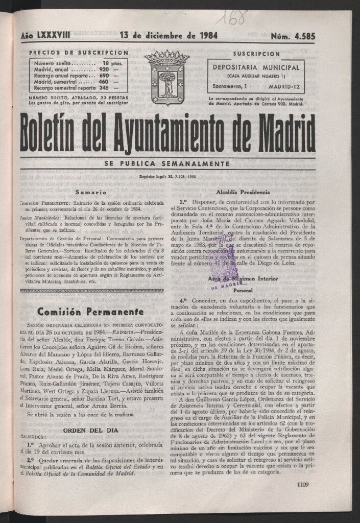 Miniatura de Boletín del Ayuntamiento de Madrid del 13 de diciembre de 1984