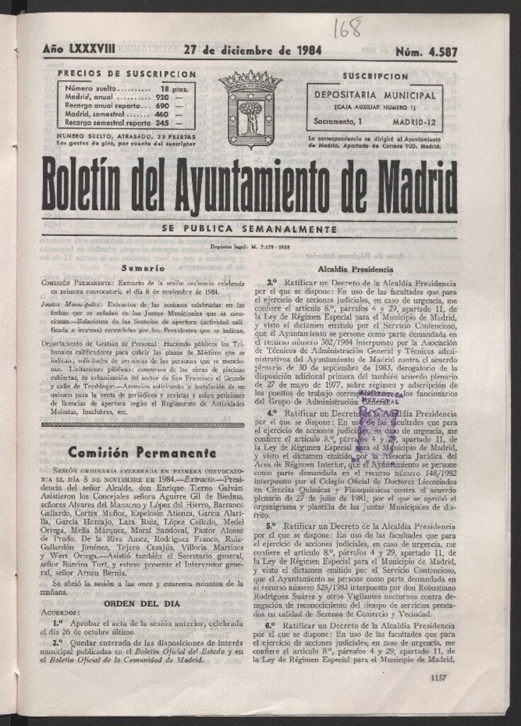 Miniatura de Boletín del Ayuntamiento de Madrid del 27 de diciembre de 1984