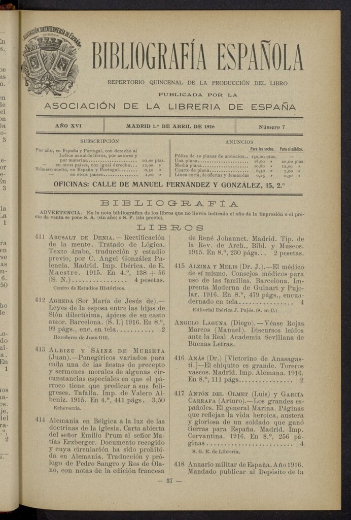 Miniatura de Bibliografía Española del 1 de abril de 1916