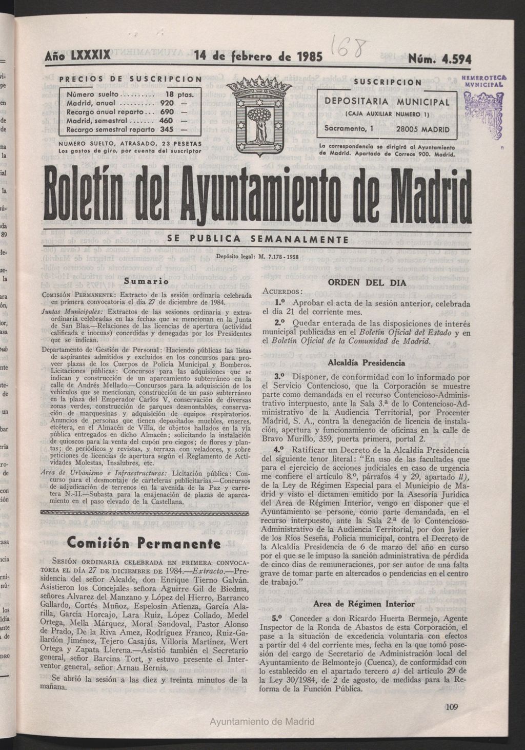 Miniatura de Boletín del Ayuntamiento de Madrid del 14 de febrero de 1985
