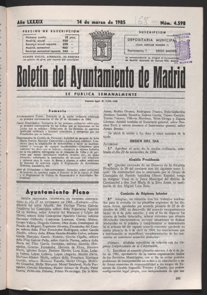 Miniatura de Boletín del Ayuntamiento de Madrid del 14 de marzo de 1985