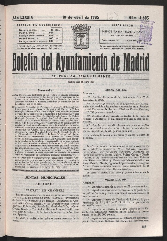 Miniatura de Boletín del Ayuntamiento de Madrid del 18 de abril de 1985