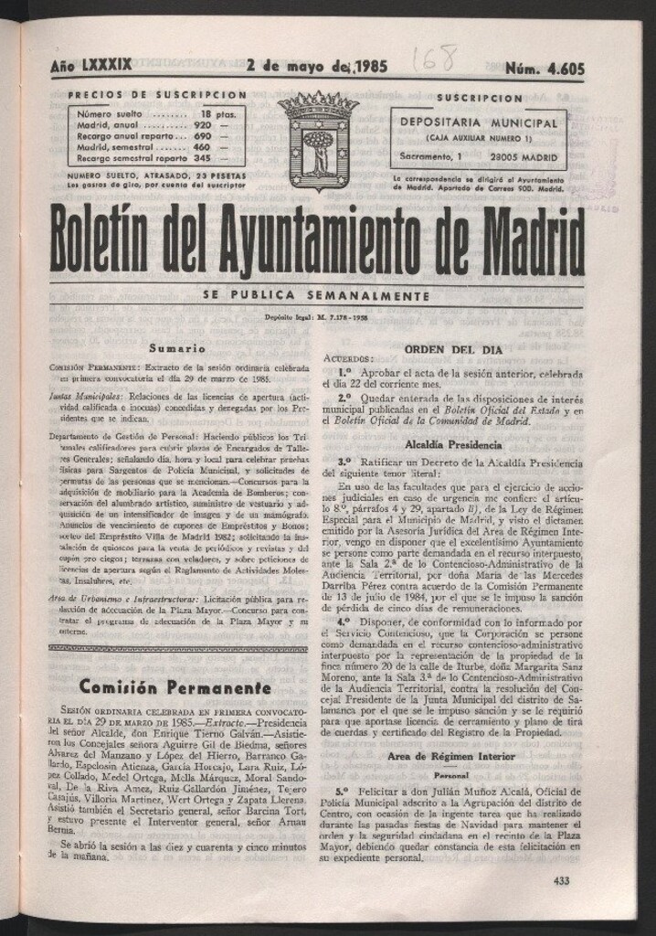 Miniatura de Boletín del Ayuntamiento de Madrid del 2 de mayo de 1985