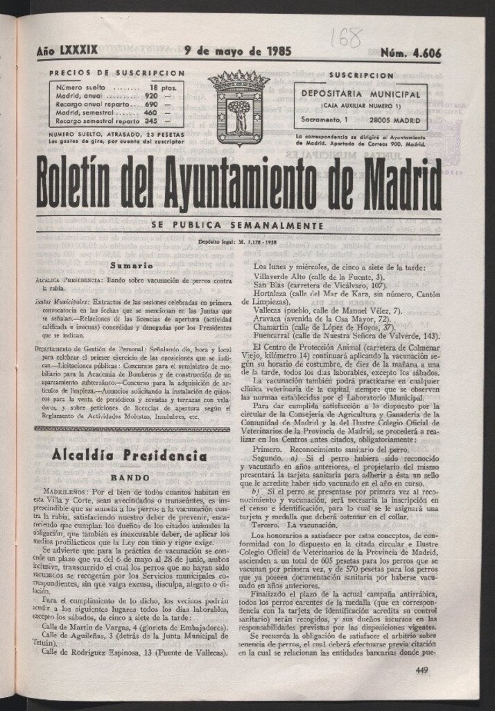 Miniatura de Boletín del Ayuntamiento de Madrid del 9 de mayo de 1985