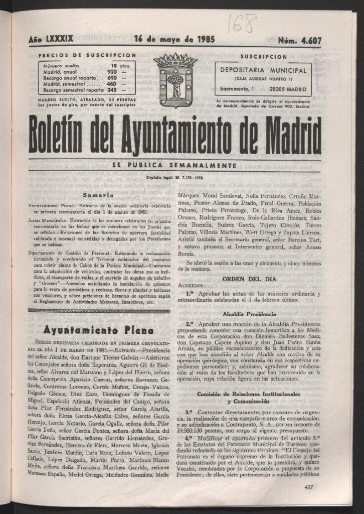 Miniatura de Boletín del Ayuntamiento de Madrid del 16 de mayo de 1985