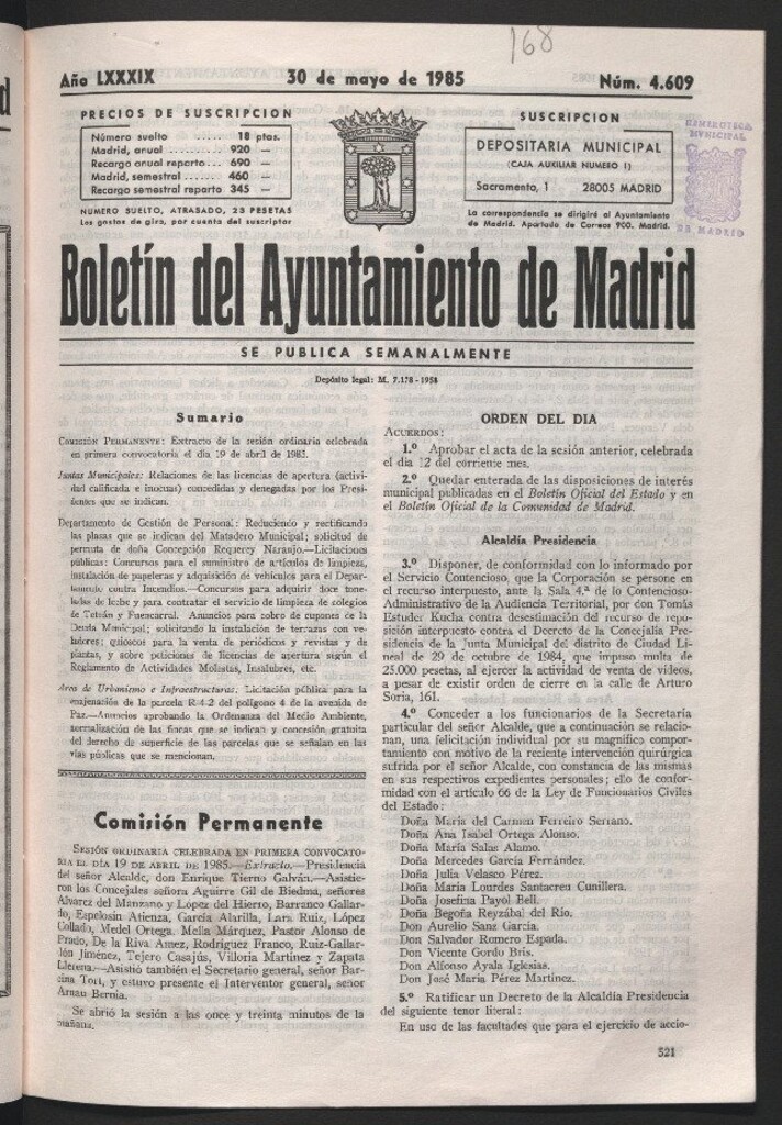 Miniatura de Boletín del Ayuntamiento de Madrid del 30 de mayo de 1985