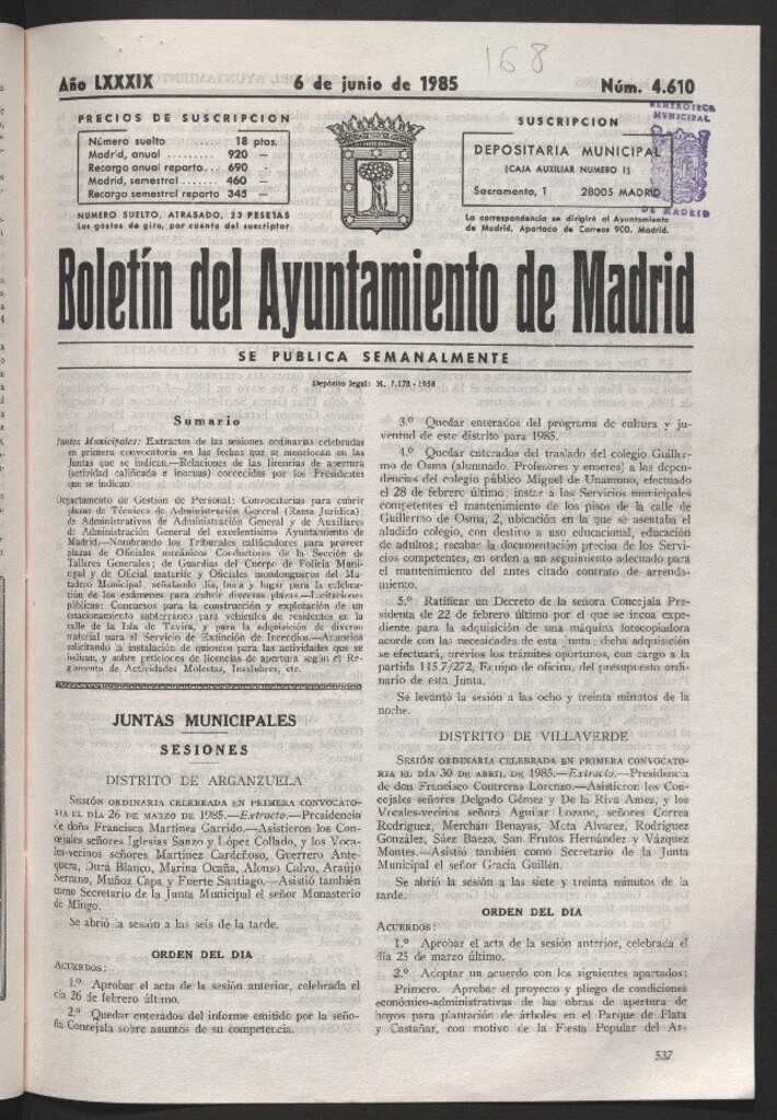 Miniatura de Boletín del Ayuntamiento de Madrid del 6 de junio de 1985