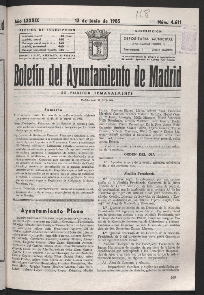 Miniatura de Boletín del Ayuntamiento de Madrid del 13 de junio de 1985