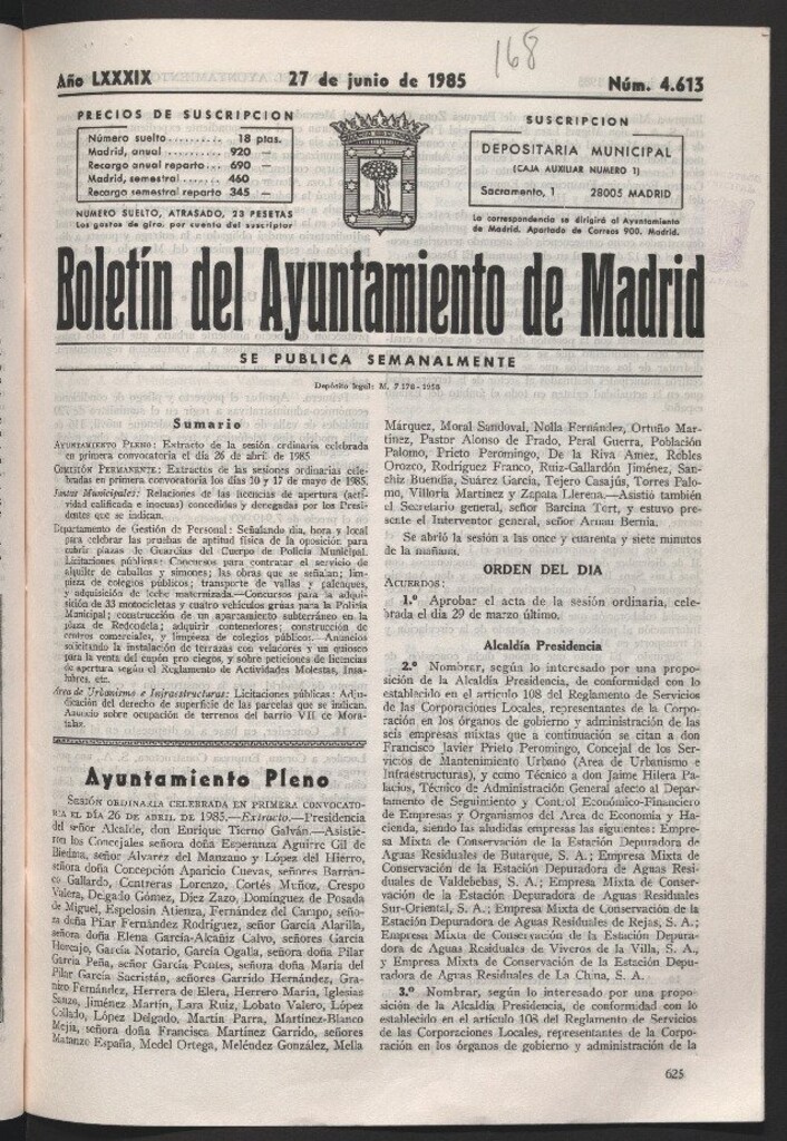 Miniatura de Boletín del Ayuntamiento de Madrid del 27 de junio de 1985