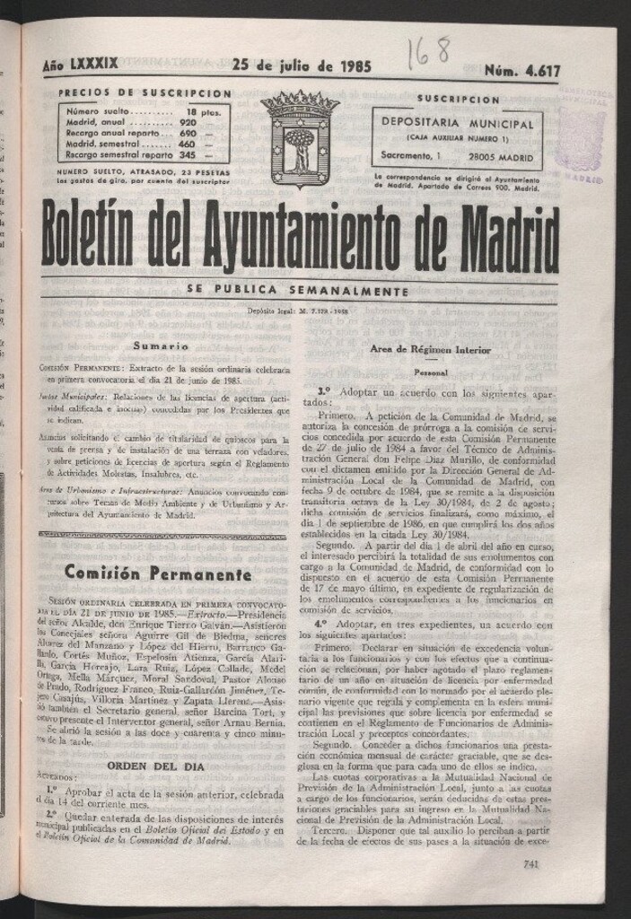 Miniatura de Boletín del Ayuntamiento de Madrid del 25 de julio de 1985