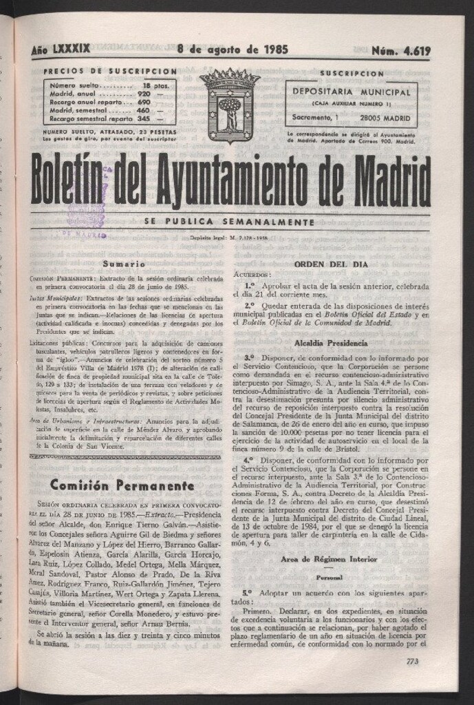 Miniatura de Boletín del Ayuntamiento de Madrid del 8 de agosto de 1985