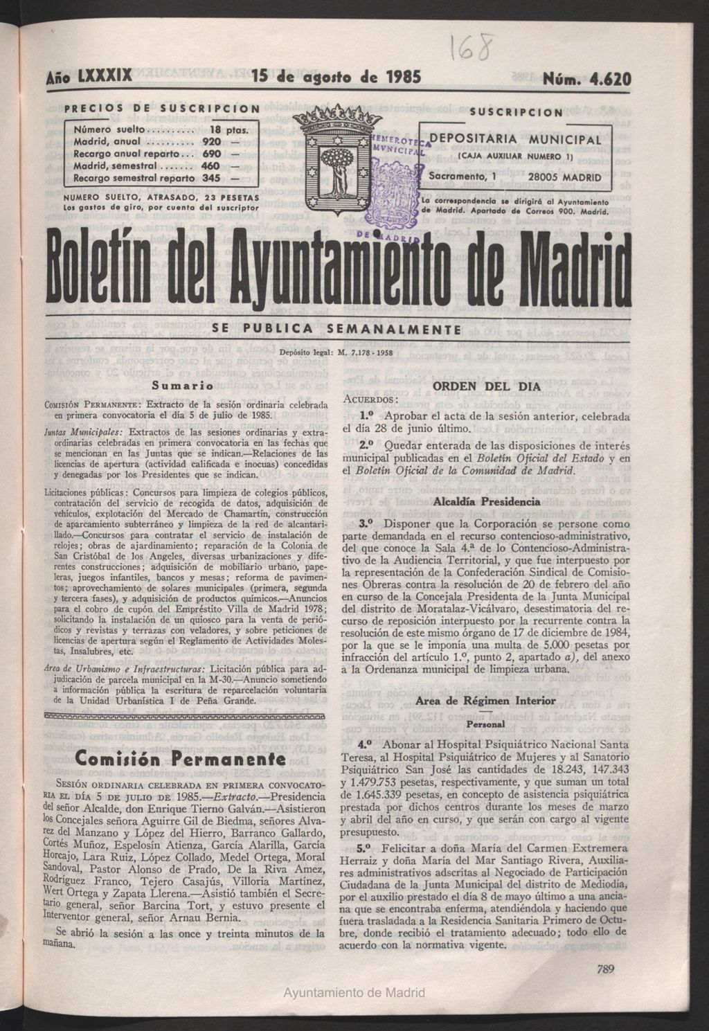 Miniatura de Boletín del Ayuntamiento de Madrid del 15 de agosto de 1985
