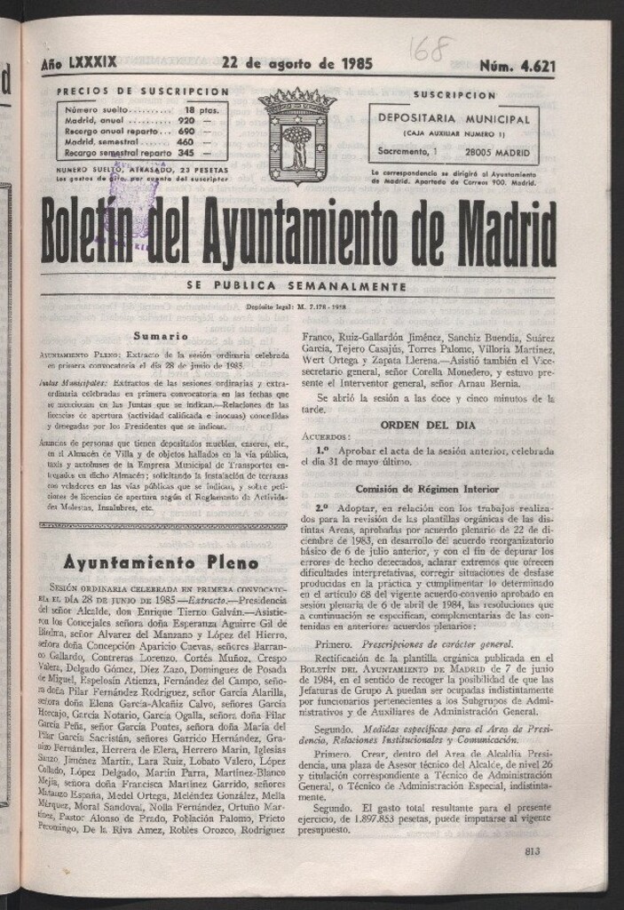 Miniatura de Boletín del Ayuntamiento de Madrid del 22 de agosto de 1985