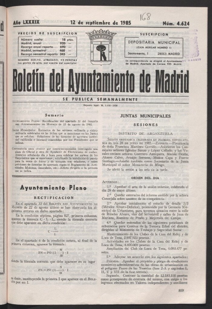 Miniatura de Boletín del Ayuntamiento de Madrid del 12 de septiembre de 1985