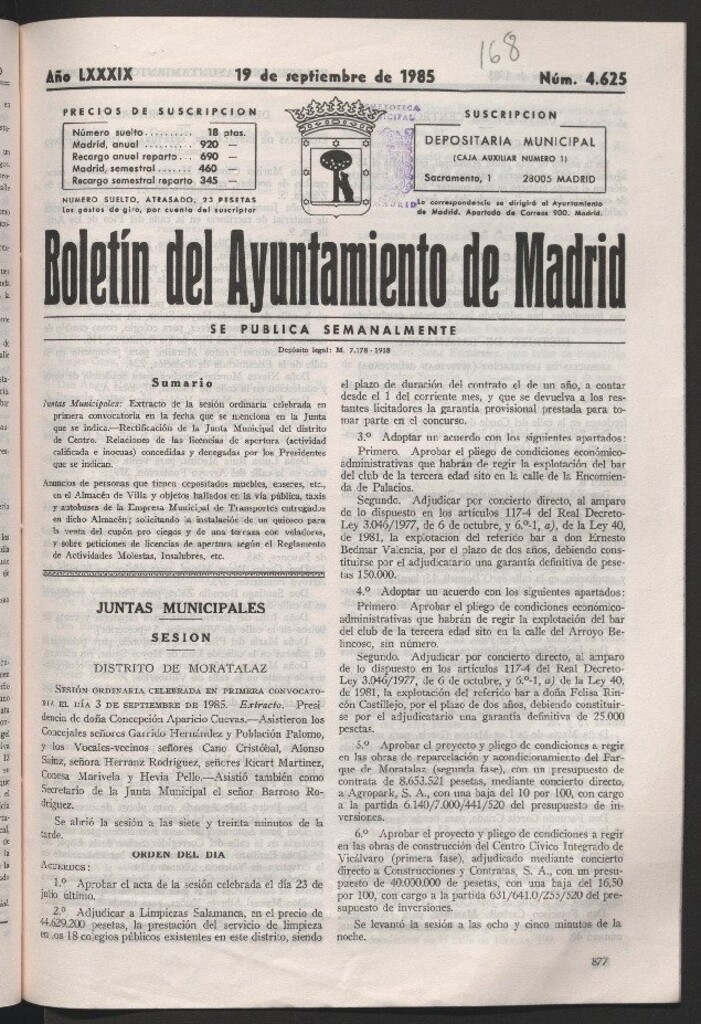 Miniatura de Boletín del Ayuntamiento de Madrid del 19 de septiembre de 1985