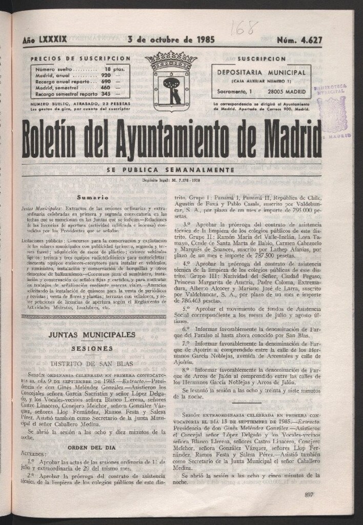 Miniatura de Boletín del Ayuntamiento de Madrid del 3 de octubre de 1985