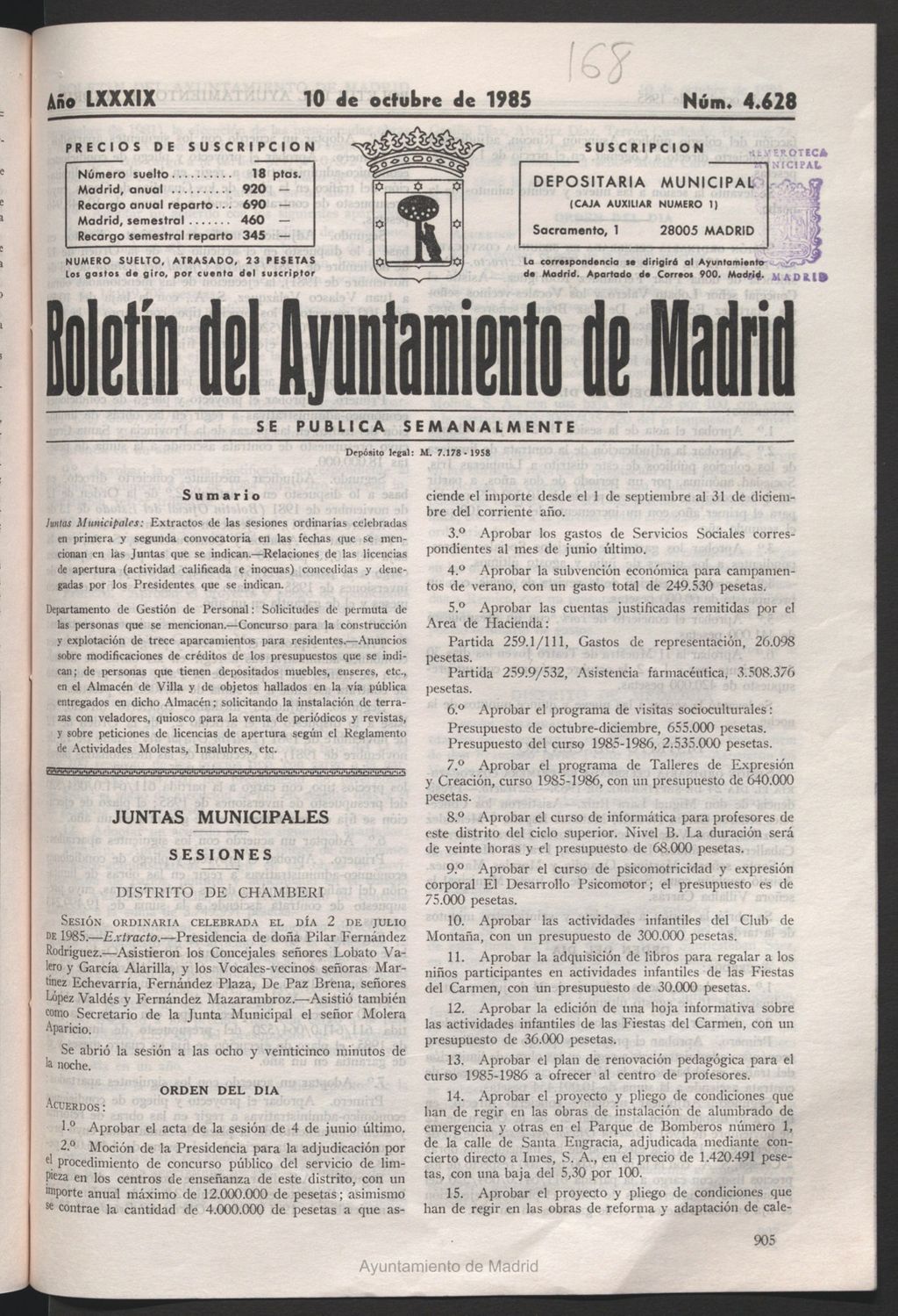 Miniatura de Boletín del Ayuntamiento de Madrid del 10 de octubre de 1985
