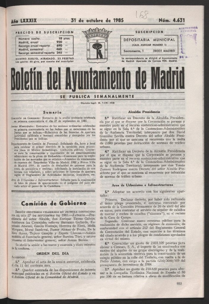 Miniatura de Boletín del Ayuntamiento de Madrid del 31 de octubre de 1985