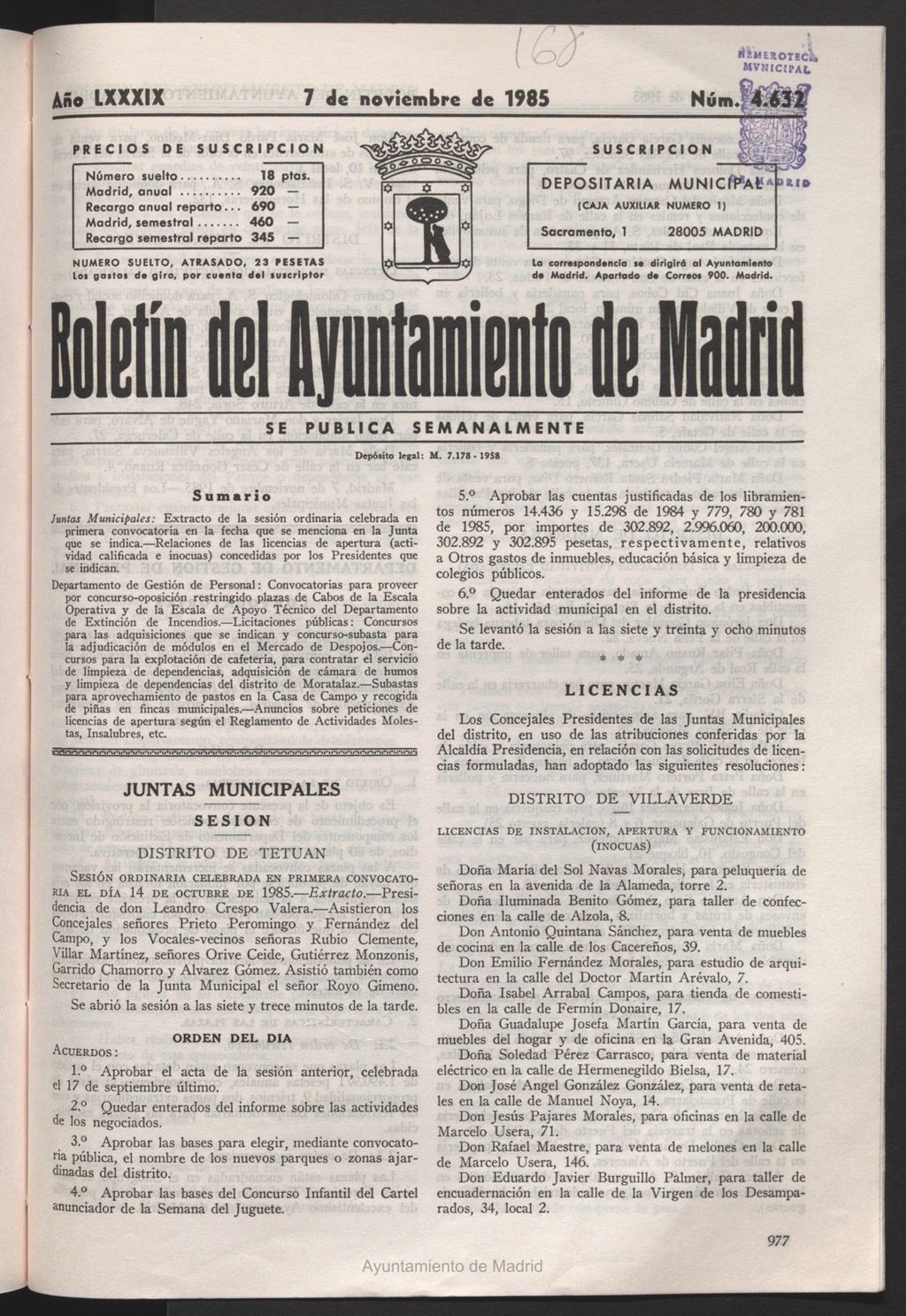 Miniatura de Boletín del Ayuntamiento de Madrid del 7 de noviembre de 1985