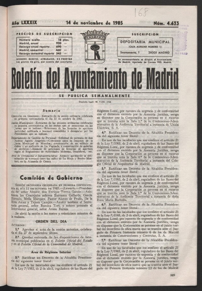 Miniatura de Boletín del Ayuntamiento de Madrid del 14 de noviembre de 1985