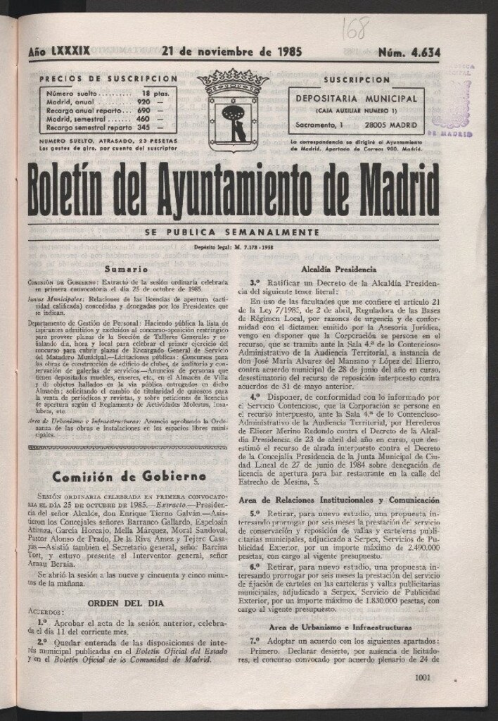 Miniatura de Boletín del Ayuntamiento de Madrid del 21 de noviembre de 1985