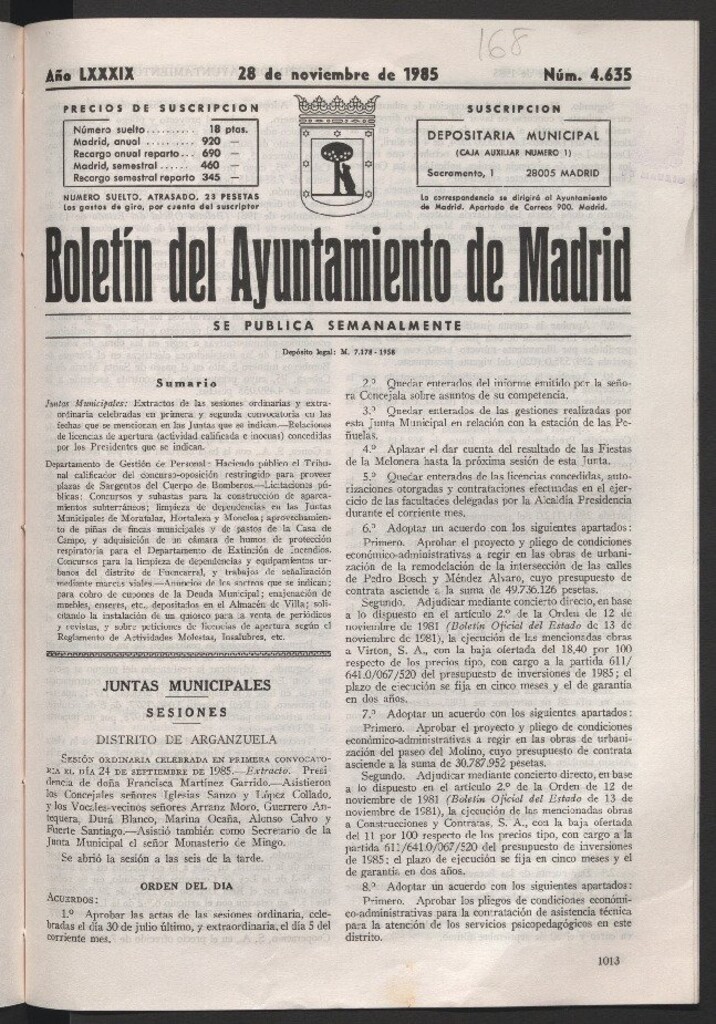 Miniatura de Boletín del Ayuntamiento de Madrid del 28 de noviembre de 1985