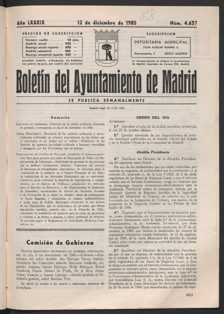 Miniatura de Boletín del Ayuntamiento de Madrid del 12 de diciembre de 1985