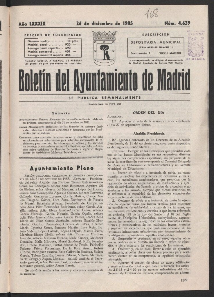 Miniatura de Boletín del Ayuntamiento de Madrid del 26 de diciembre de 1985