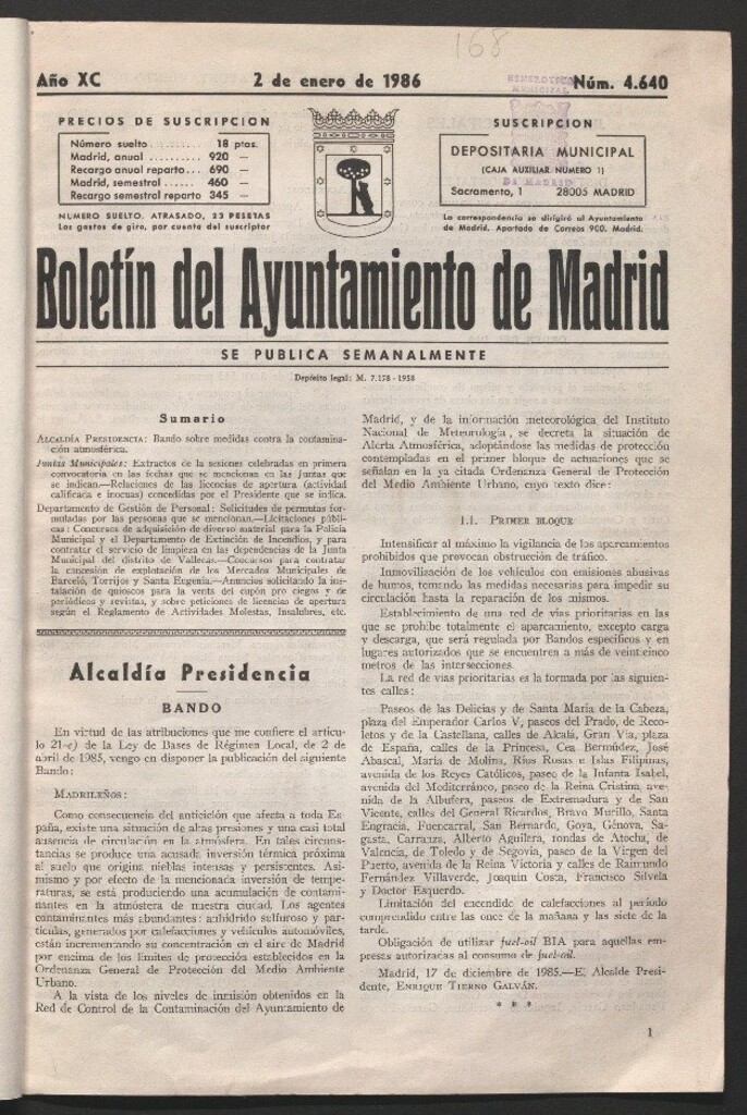 Miniatura de Boletín del Ayuntamiento de Madrid del 2 de enero de 1986